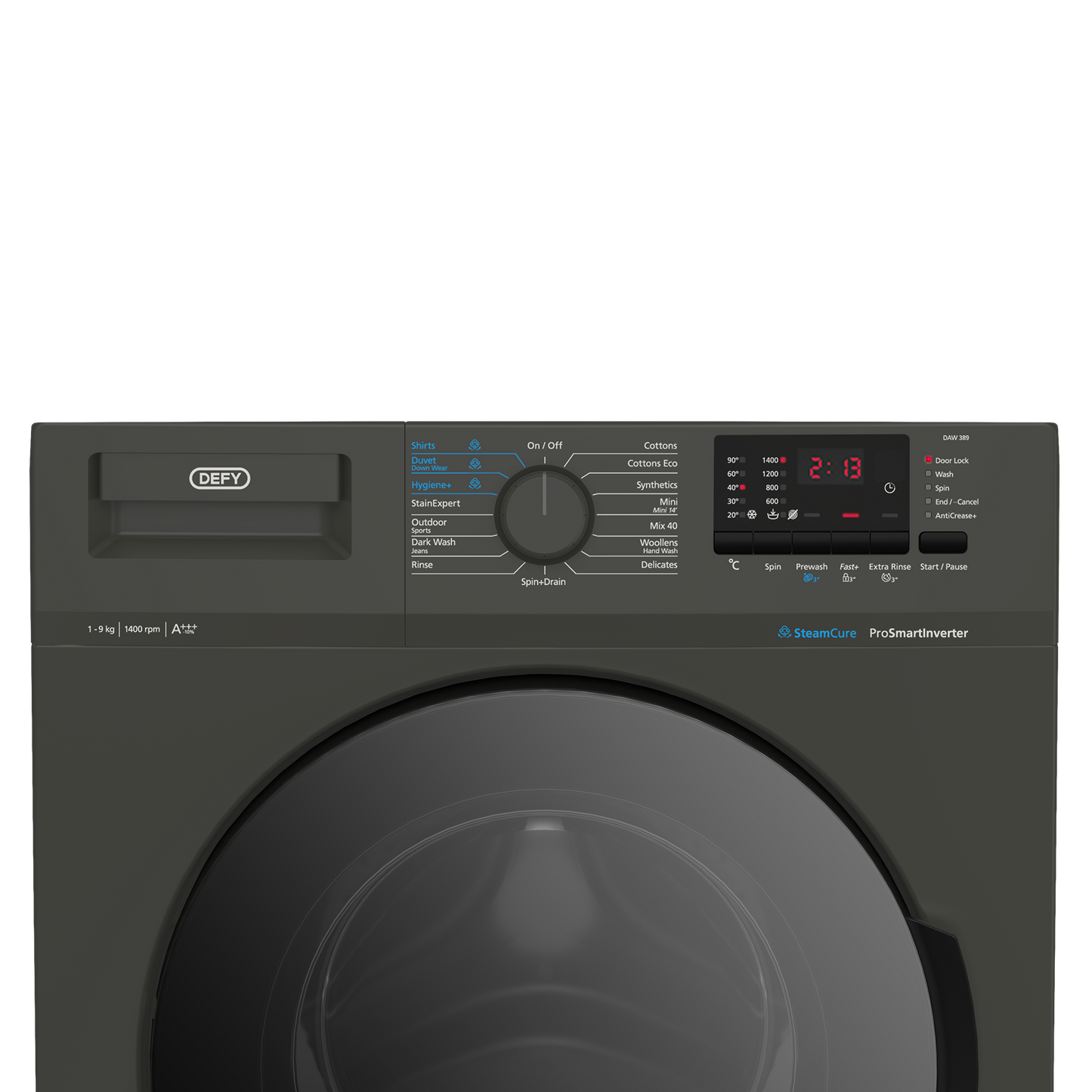 DAW 389: Defy 9Kg Front Loader Washing Machine with SteamCure Technology - Manhattan Grey