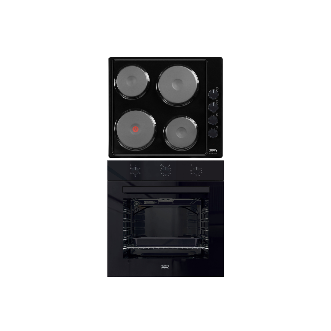 DCB838E: Defy Slimline Bundle - 60cm Eye Level Glass Oven Black + 60cm 4 Solid Plates Hob Black