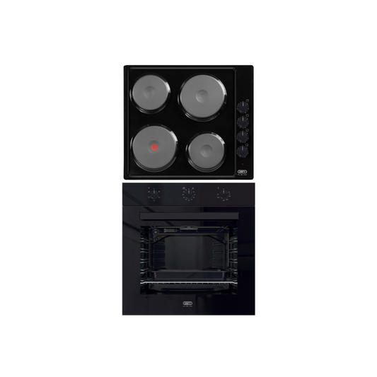 DCB838E: Defy Slimline Bundle - 60cm Eye Level Glass Oven Black + 60cm 4 Solid Plates Hob Black